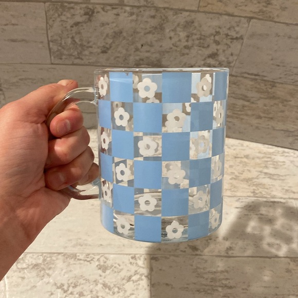 Clear Glass Checked Checkered Blue & White Floral Coffee Tea Mug - Picture 6 of 7
